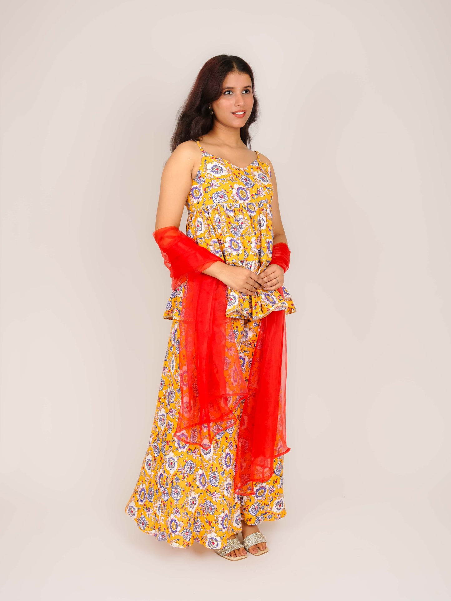 MEHIRA V-NECK SHOULDER STRAPS TIERED A-LINE KURTA WITH PALAZZOS & DUPATTA