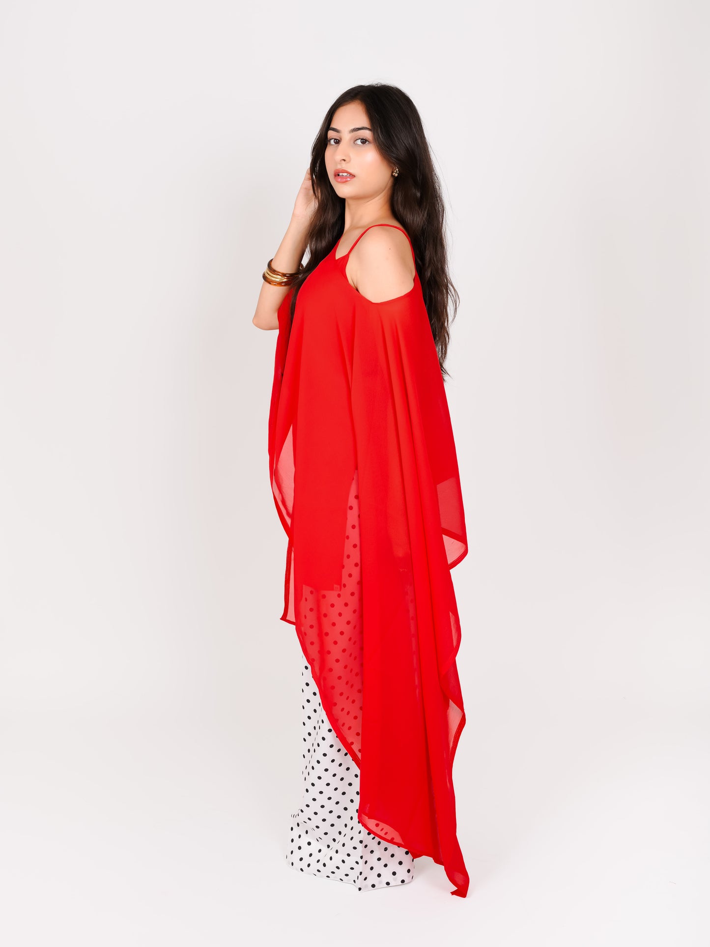 MONOMEE EDHAYA RED POLKA DOT CAPE KURTA SET WITH FARSHI SALWAR