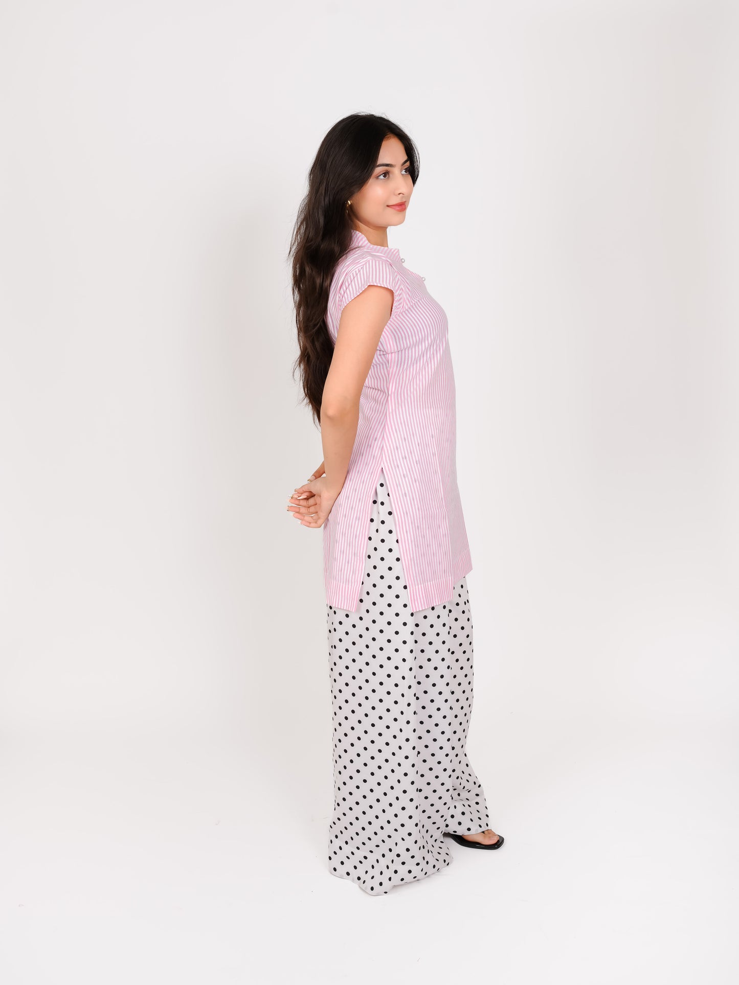 MONOMEE TISHYA PINK STRIPE KURTA SET WITH WHITE POLKA DOT FARSHI SALWAR