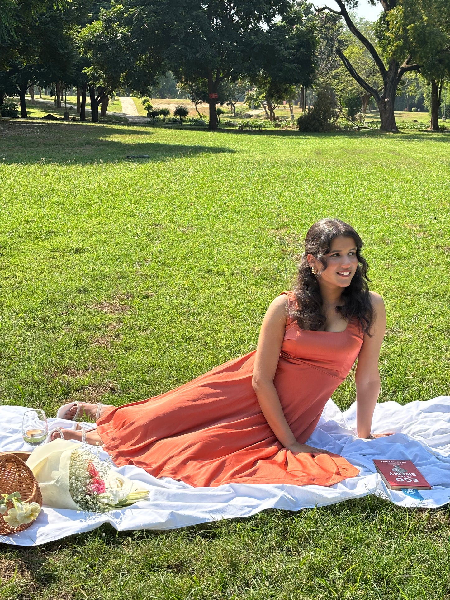 MONOMEE DEBUTANTE SATIN BOW TIE RUST DRESS