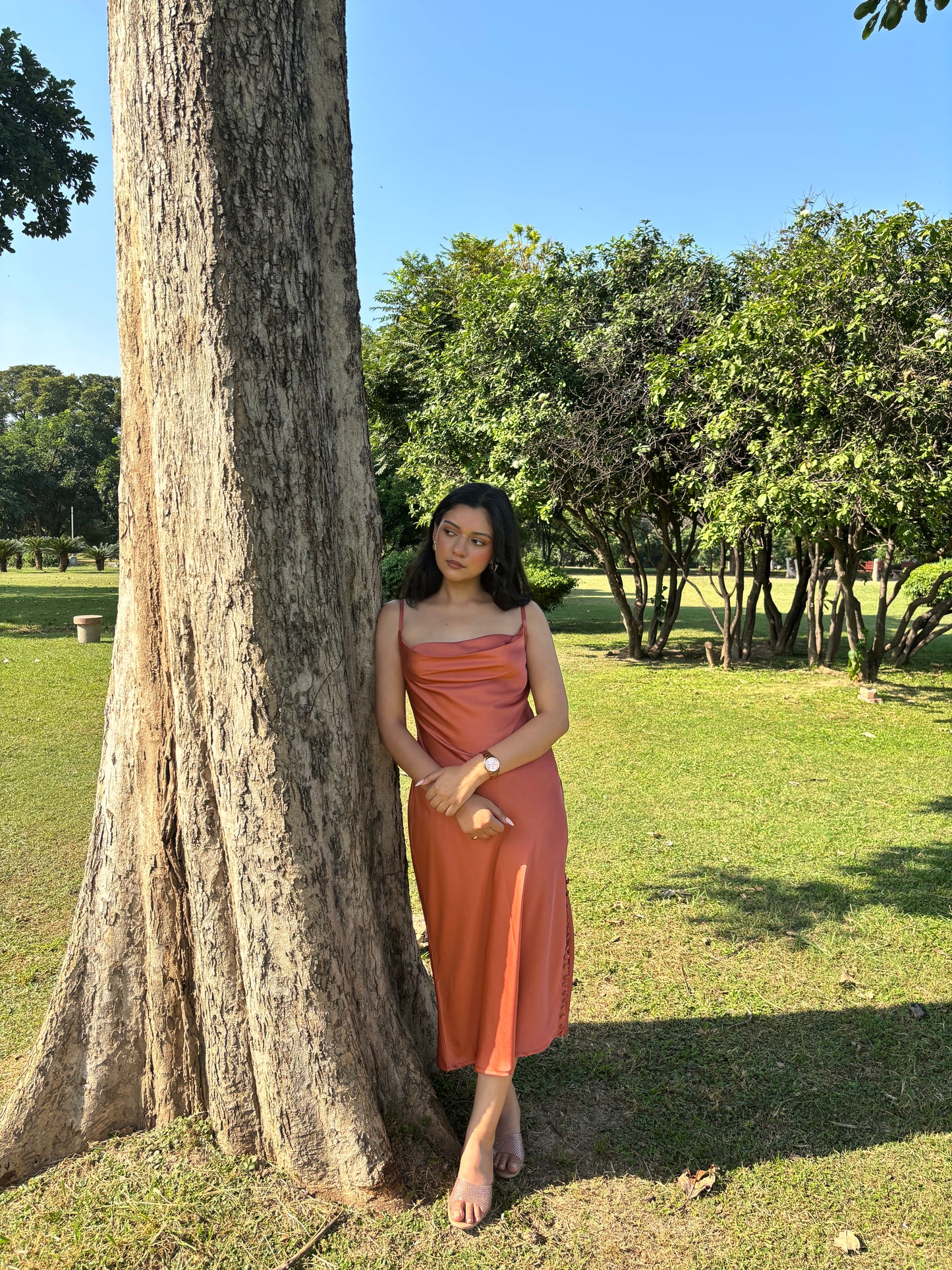 MONOMEE DOROTHY SATIN RUST SLIP DRESS
