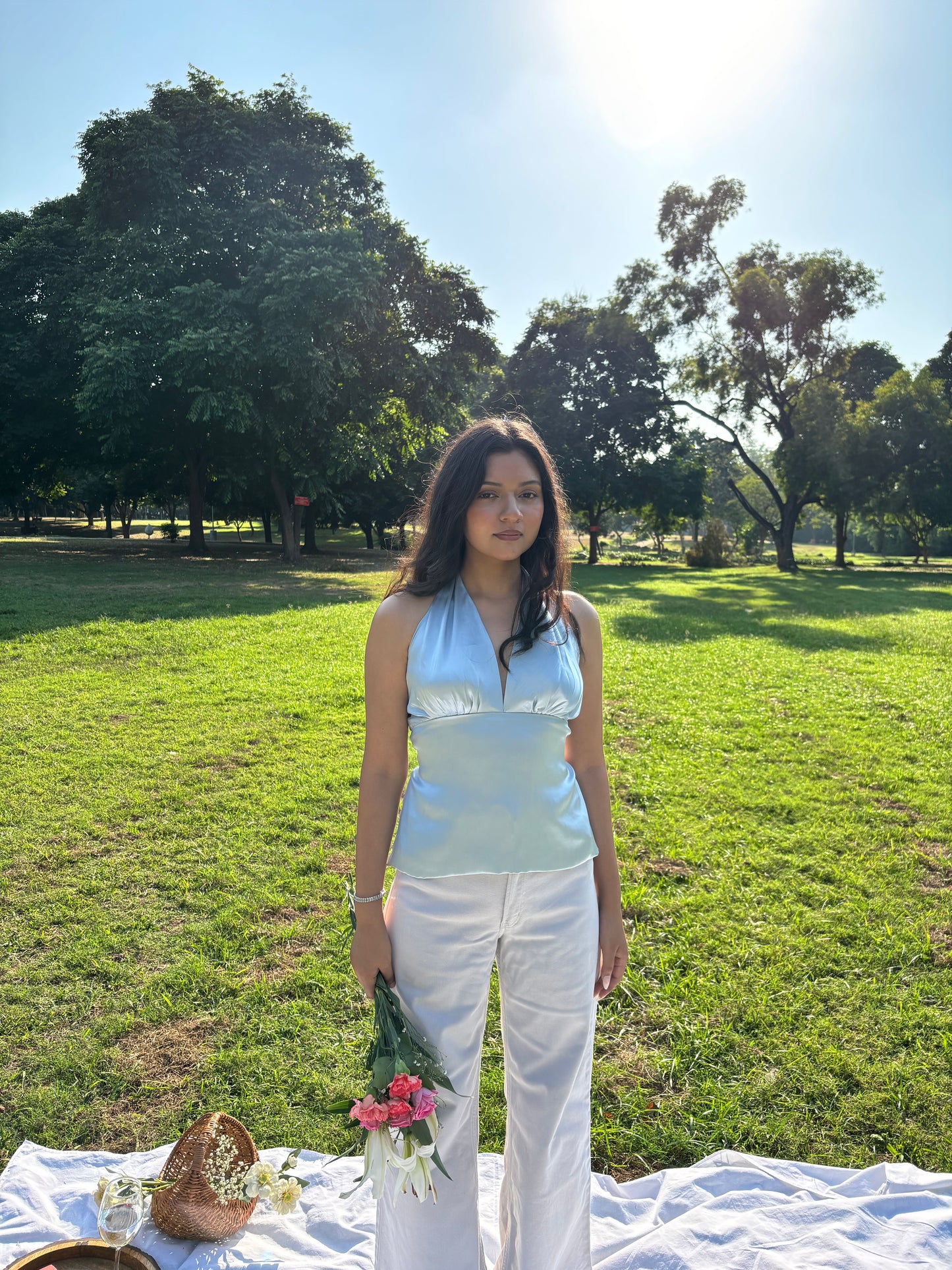 MONOMEE CESCA SATIN HALTER NECK ICE BLUE TOP