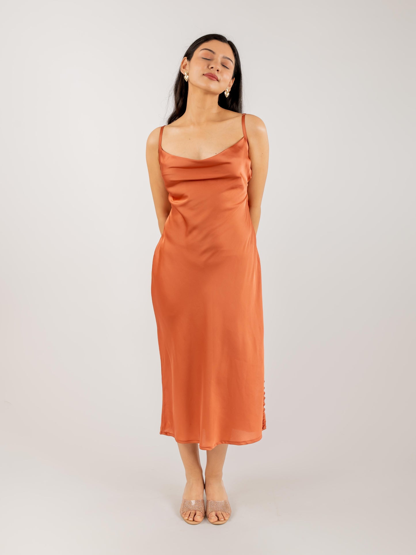 MONOMEE DOROTHY SATIN RUST SLIP DRESS