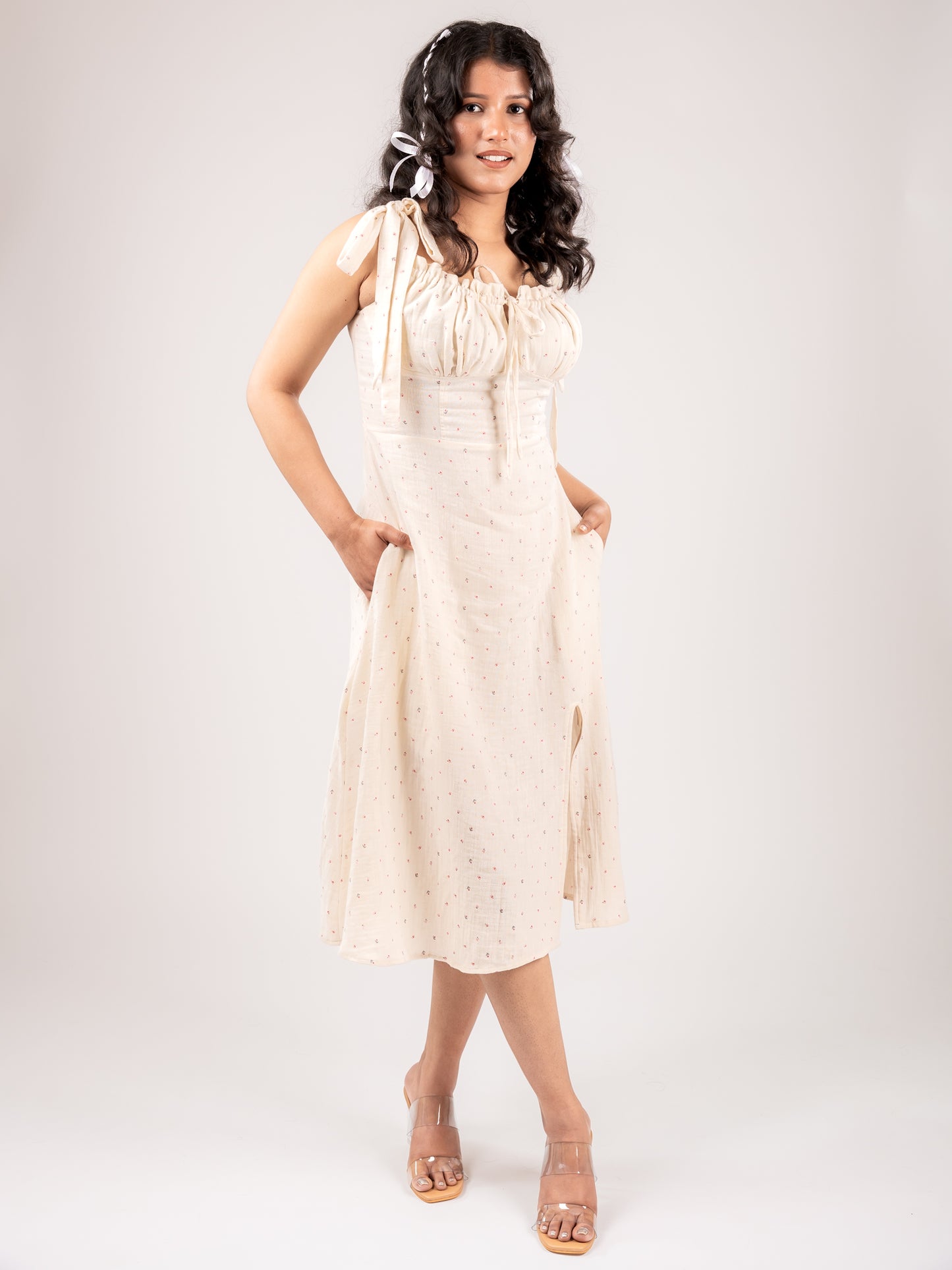 MONOMEE MARILYN SHOULDER-TIE STRAP SUNDRESS WITH POCKETS