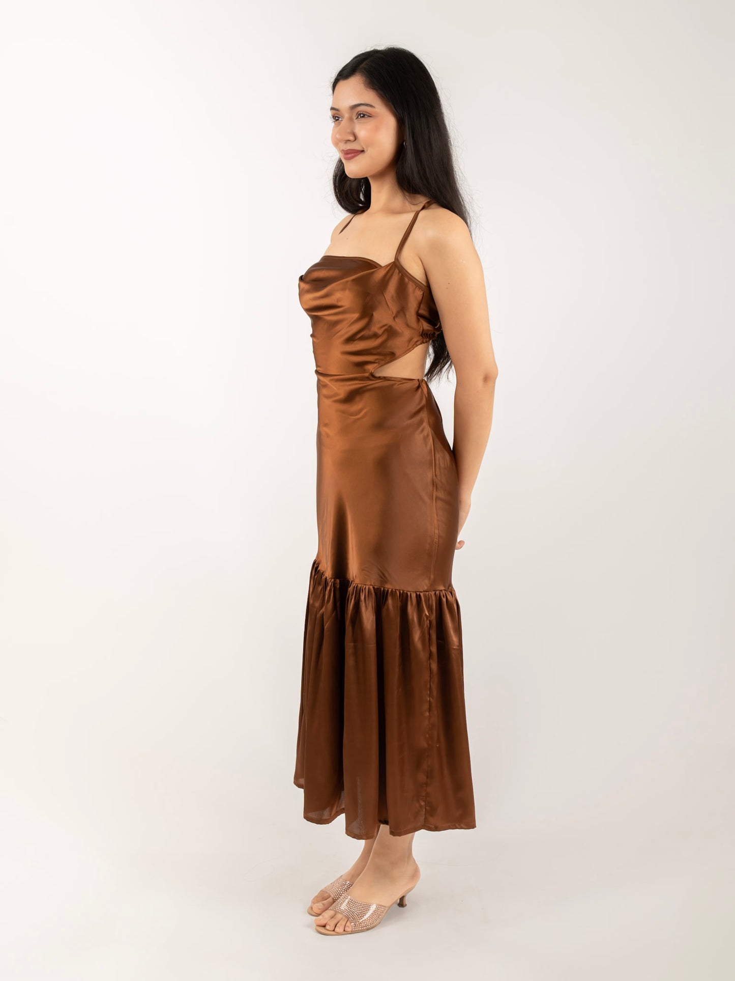MONOMEE GWEN BROWN BACKLESS SATIN DRESS