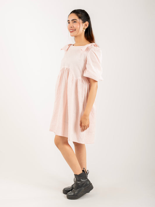 MONOMEE ALEX PINK STRIPED BOW SLEEVE MINI DRESS