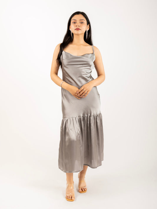 MONOMEE TYLA GREY SATIN SLIP DRESS