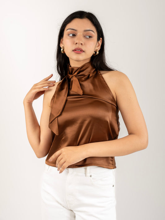 MONOMEE STELLA BROWN SATIN CROP TOP