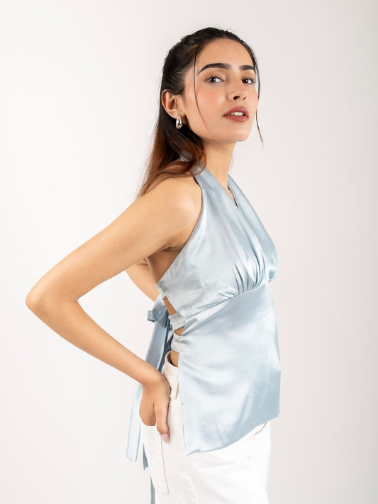 MONOMEE CESCA SATIN HALTER NECK ICE BUE TOP