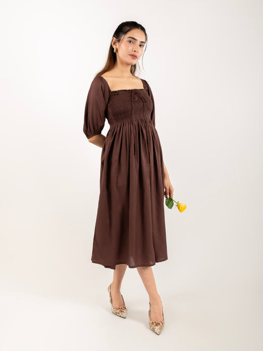 MONOMEE GRACIE BROWN MIDI DRESS