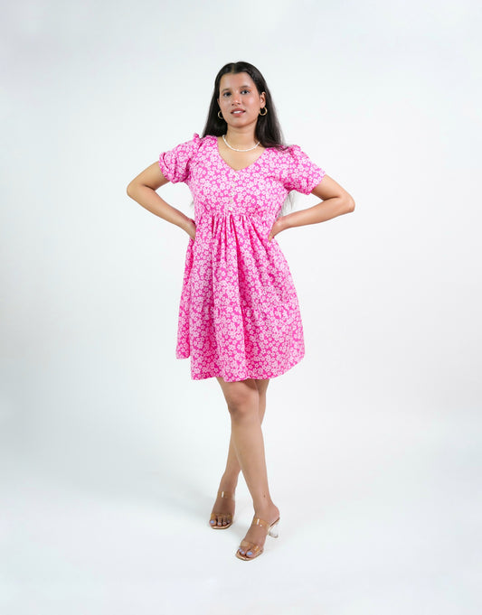 ELEANOR PINK PUFF SLEEVE MIDI SUNDRESS