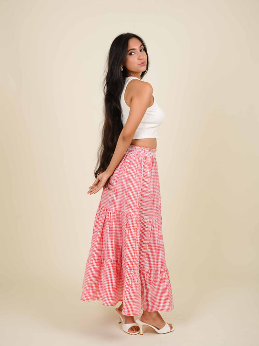 MONOMEE CORA TIERED GINGHAM MAXI SKIRT