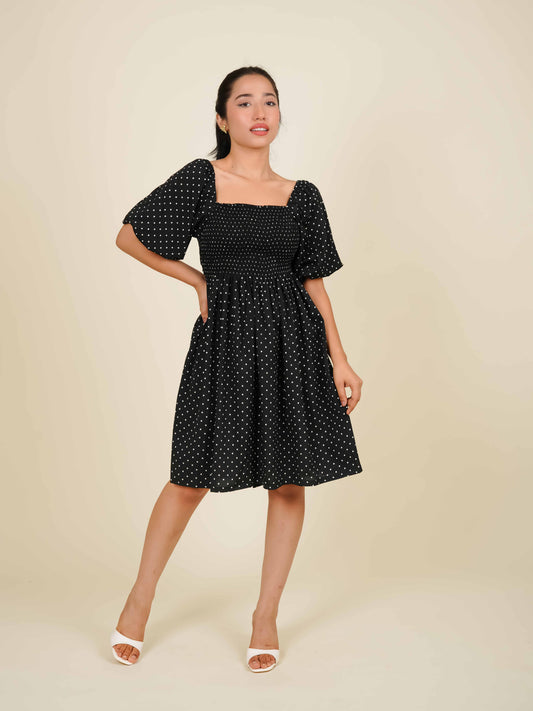 MONOMEE ARORA BLACK POLKA DOT MINI DRESS