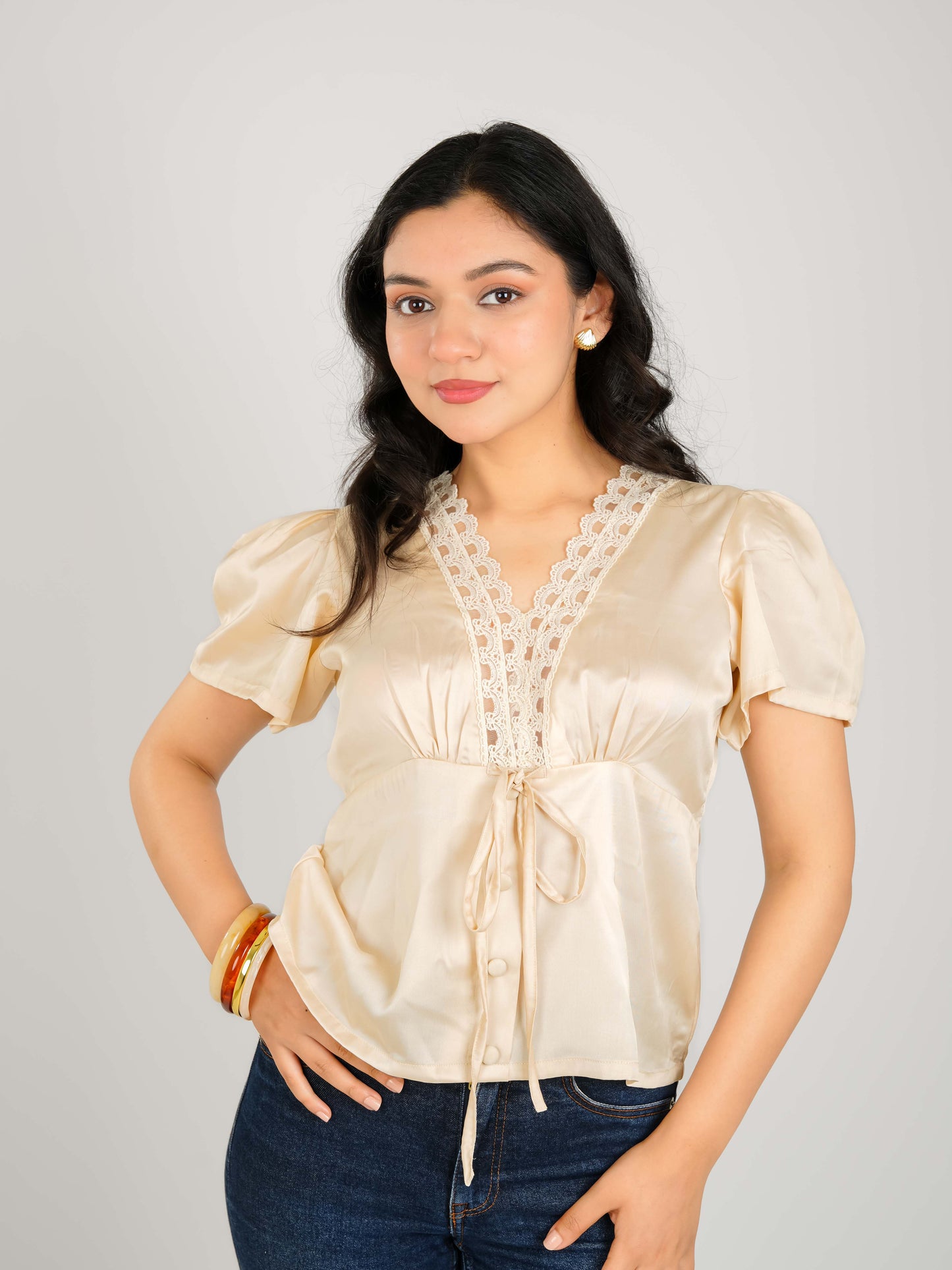 MONOMEE SOLAINE SATIN LACE TRIMMED TOP