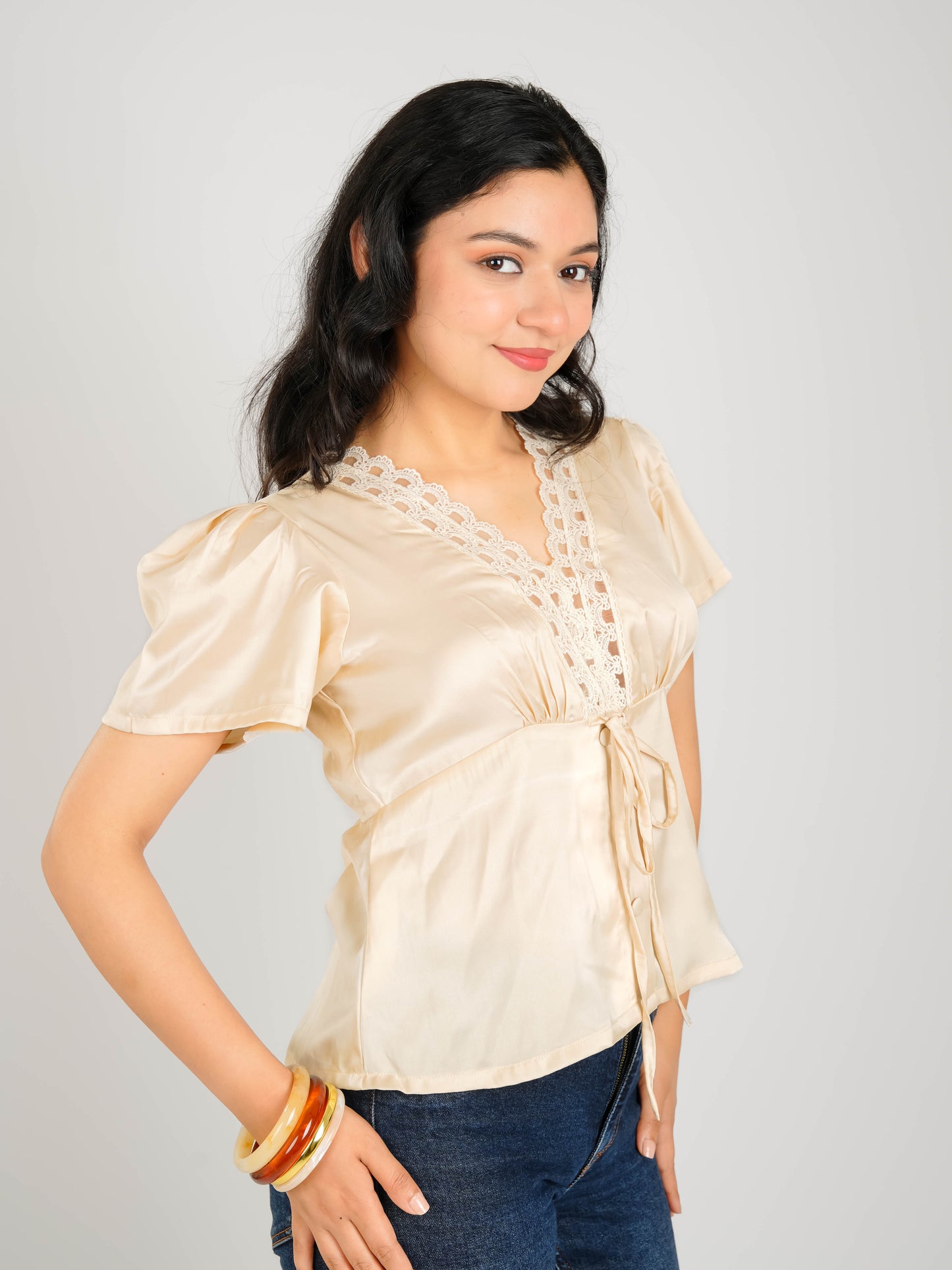 MONOMEE SOLAINE SATIN LACE TRIMMED TOP