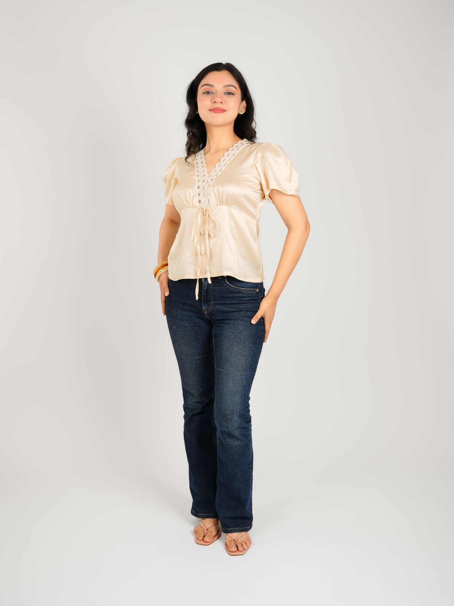 MONOMEE SOLAINE SATIN LACE TRIMMED TOP