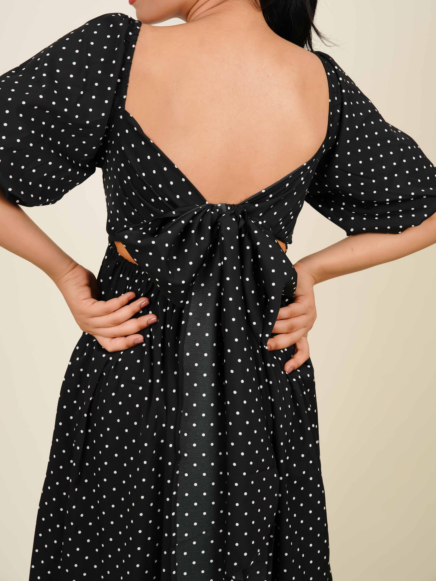 MONOMEE ARORA BLACK POLKA DOT MINI DRESS