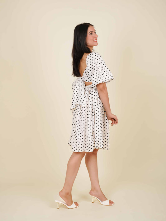 MONOMEE IRIS WHITE POLKA DOT MINI DRESS