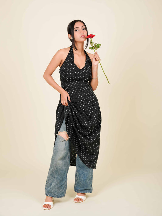 MONOMEE ALOURA BLACK POLKA DOT HALTER NECK DRESS
