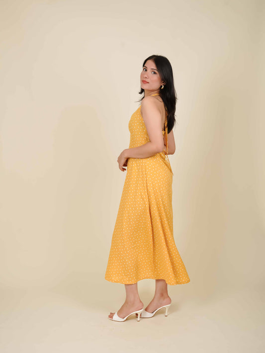 MONOMEE ALESSIA YELLOW POLKA DOT HALTER NECK DRESS