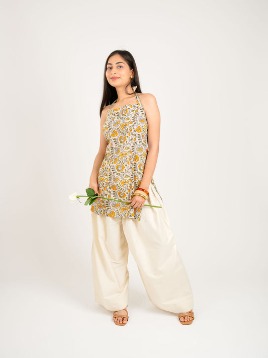 MONOMEE MRIKA BEIGE FLORAL HALTER FARSHI SALWAR KURTA SET