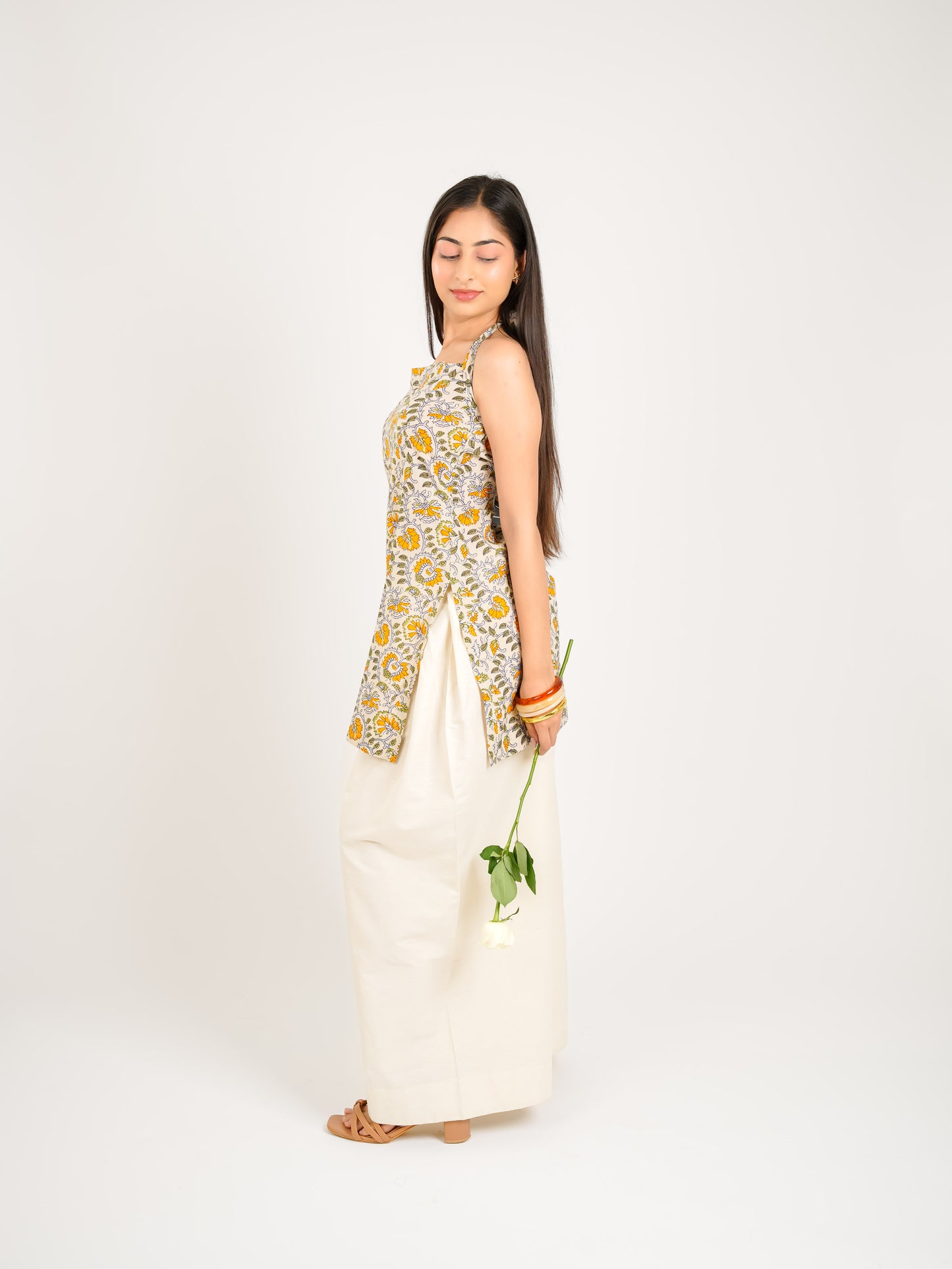 MONOMEE MRIKA BEIGE FLORAL HALTER FARSHI SALWAR KURTA SET
