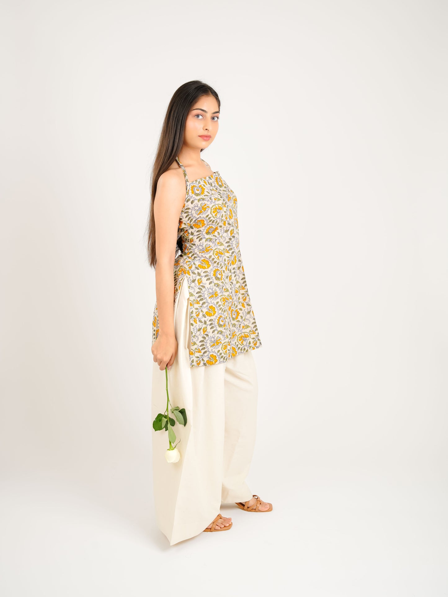 MONOMEE MRIKA BEIGE FLORAL HALTER FARSHI SALWAR KURTA SET