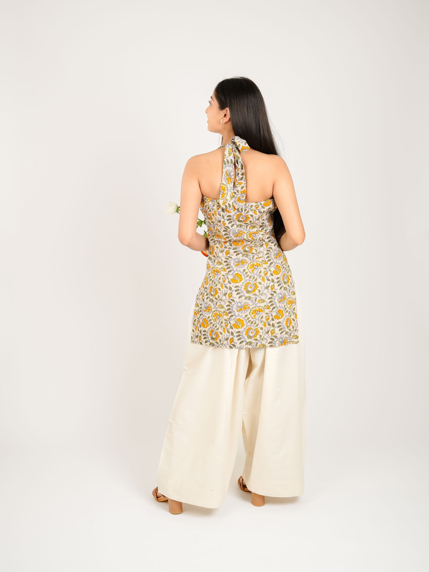 MONOMEE MRIKA BEIGE FLORAL HALTER FARSHI SALWAR KURTA SET
