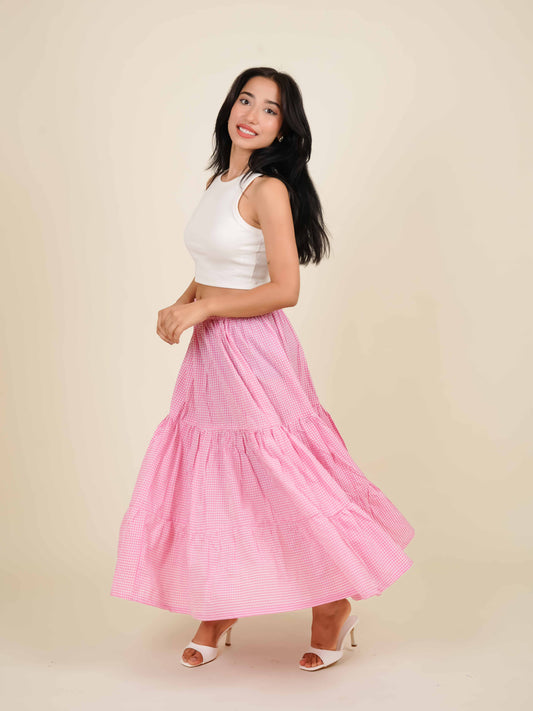MONOMEE CASSIDY TIERED GINGHAM MAXI SKIRT