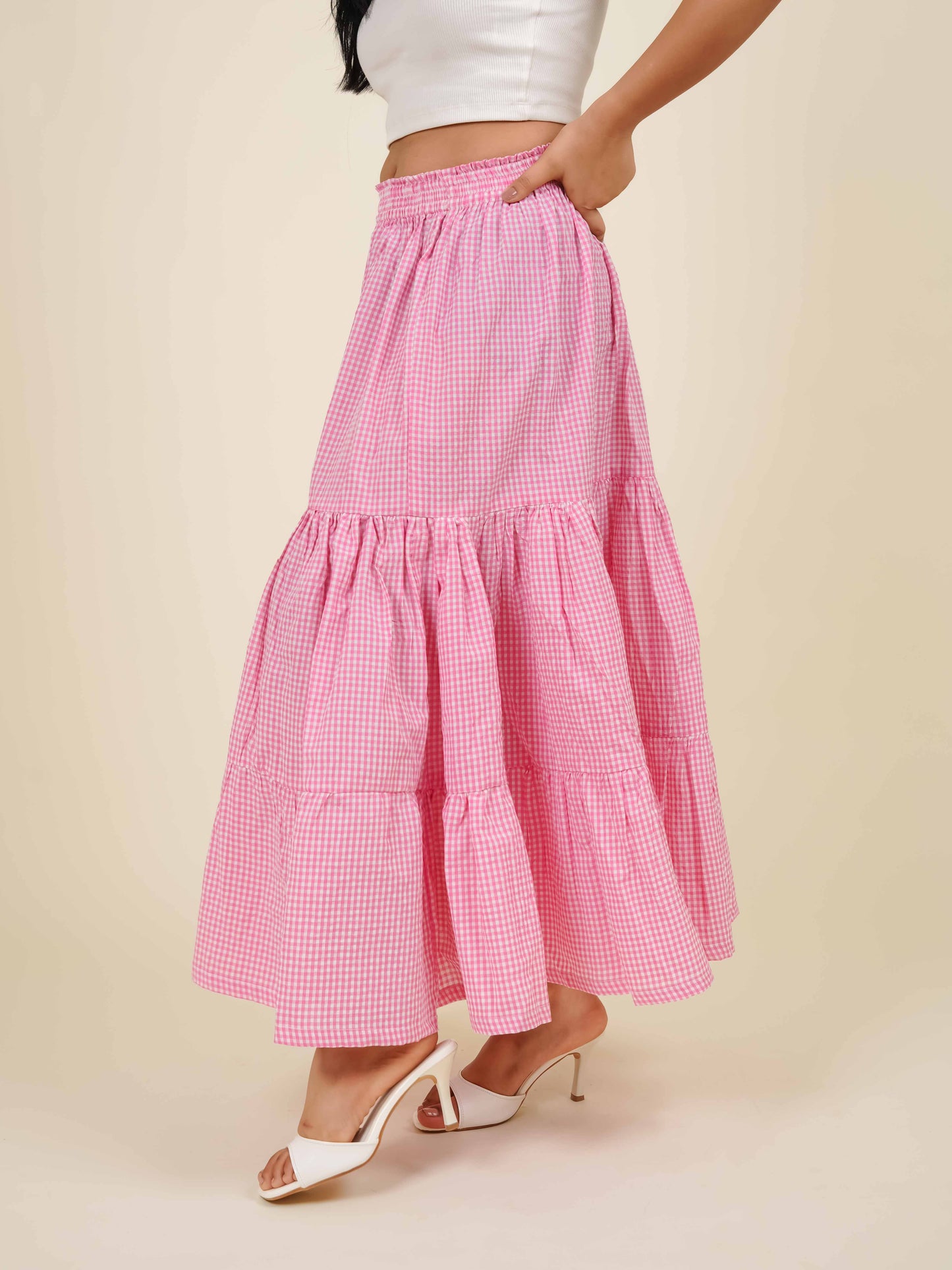 MONOMEE CASSIDY TIERED GINGHAM MAXI SKIRT