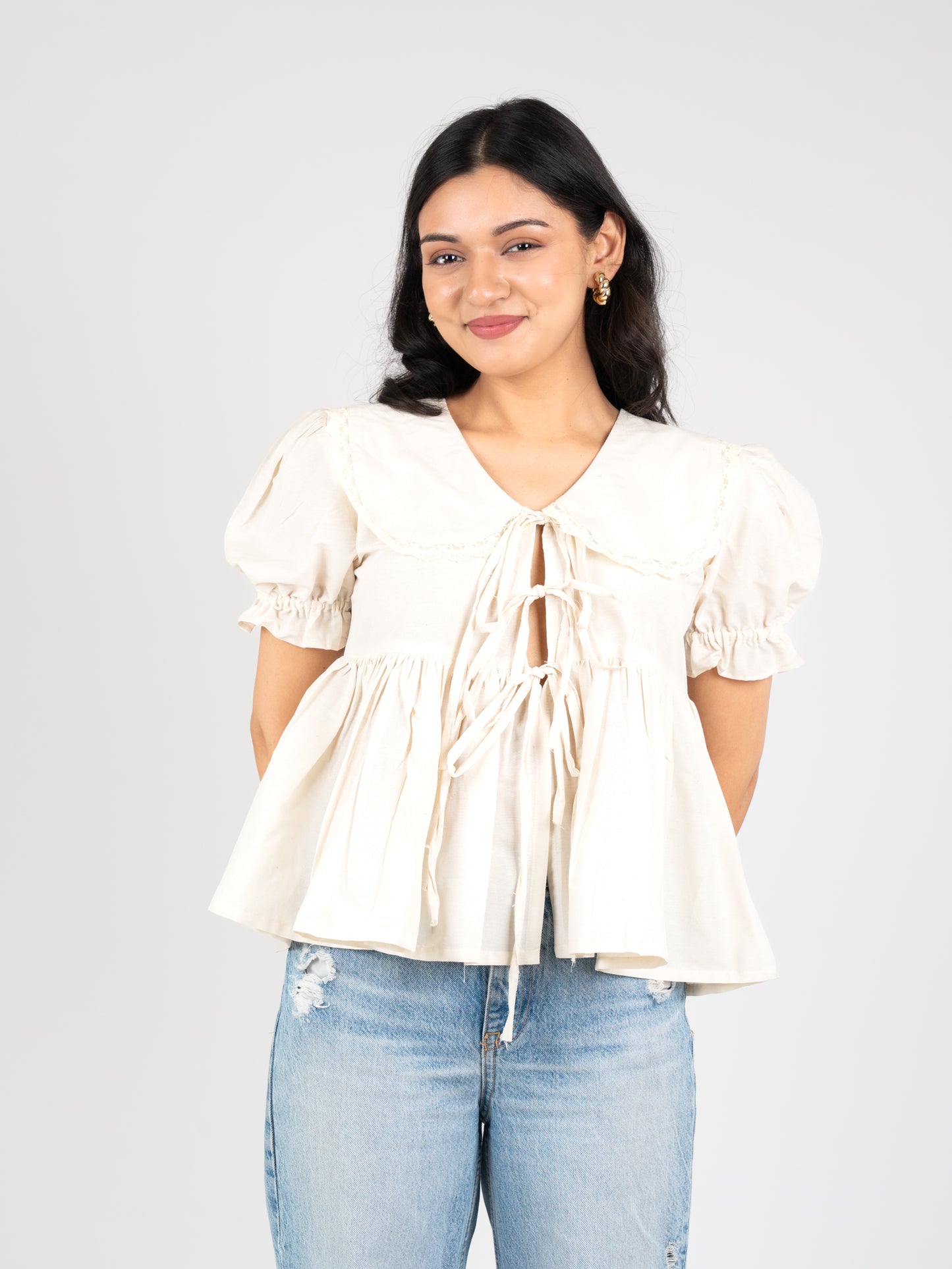 MONOMEE LUNA FRONT BOW TIE PLACKET LACE COTTON TOP