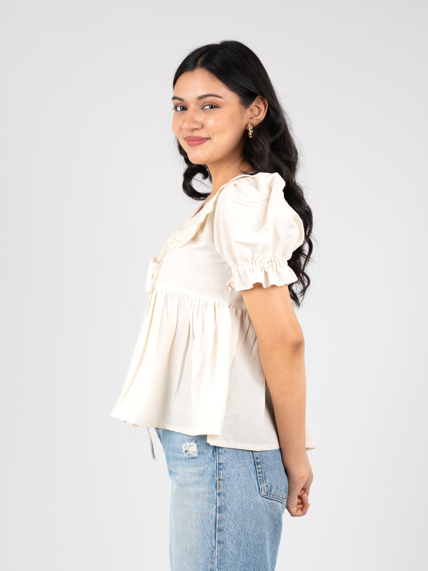 MONOMEE LUNA FRONT BOW TIE PLACKET LACE COTTON TOP