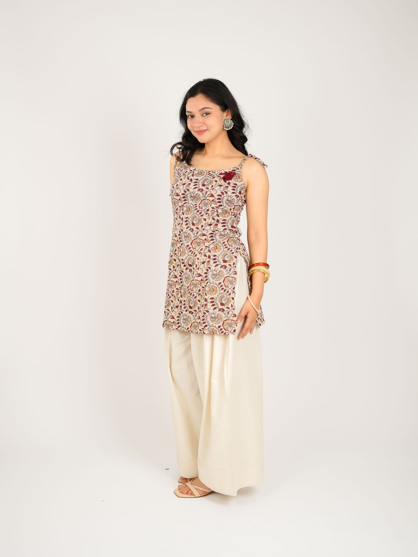 MONOMEE RIVA BEIGE FLORAL BACKLESS FARSHI SALWAR KURTA SET