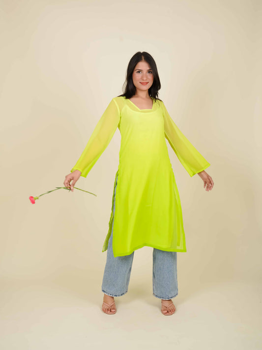 MONOMEE EVELINA NEON GREEN OMBRE KURTA WITH SLIP