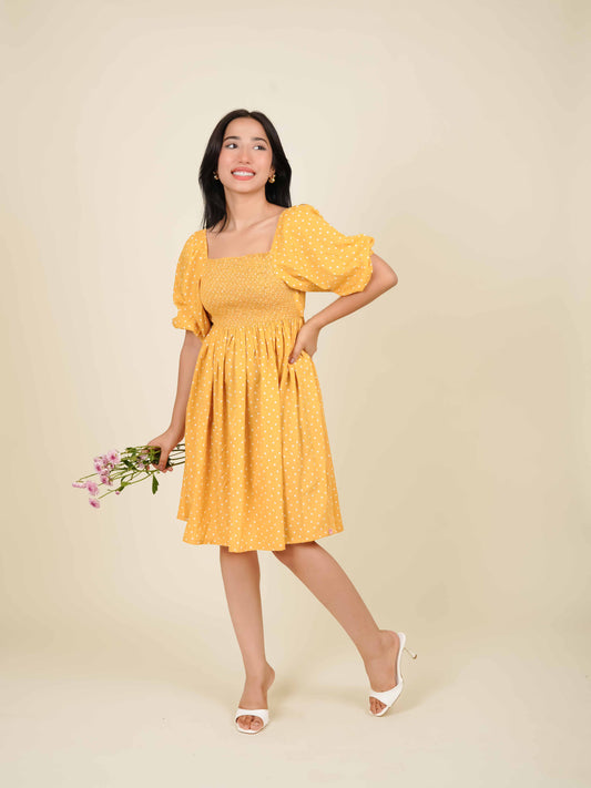 MONOMEE BLOOM YELLOW POLKA DOT MINI DRESS