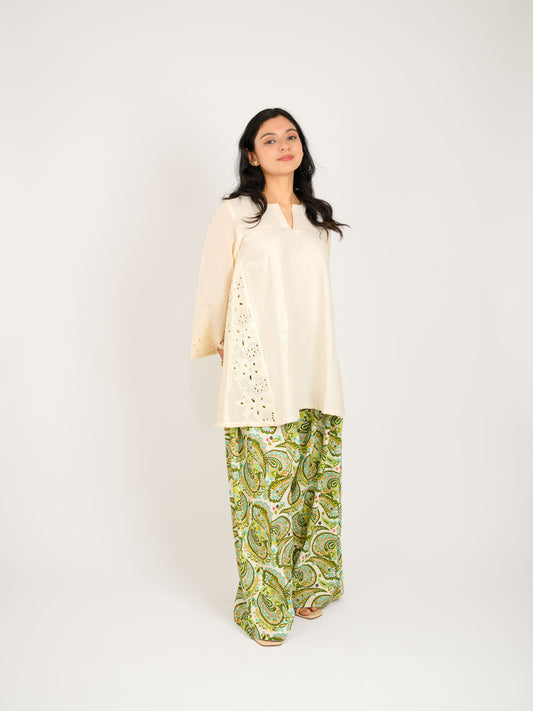 MONOMEE EKAA SCHIFFLI GREEN PAISLEY FARSHI SALWAR KURTA SET