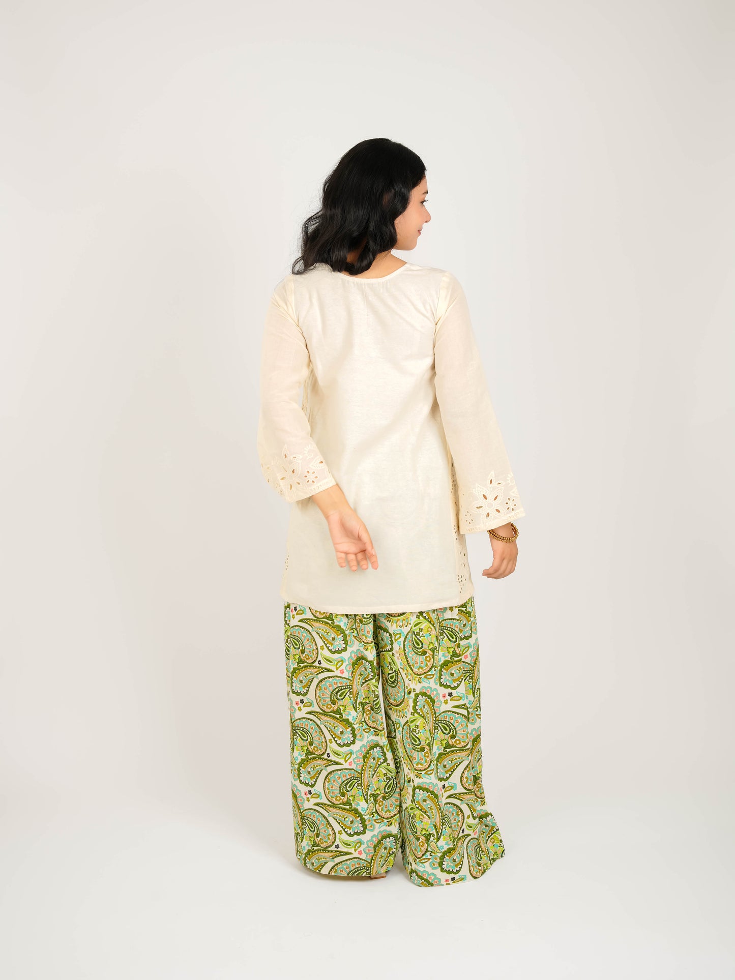 MONOMEE EKAA SCHIFFLI GREEN PAISLEY FARSHI SALWAR KURTA SET