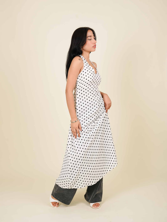 MONOMEE ATHENA WHITE POLKA DOT HALTER NECK DRESS