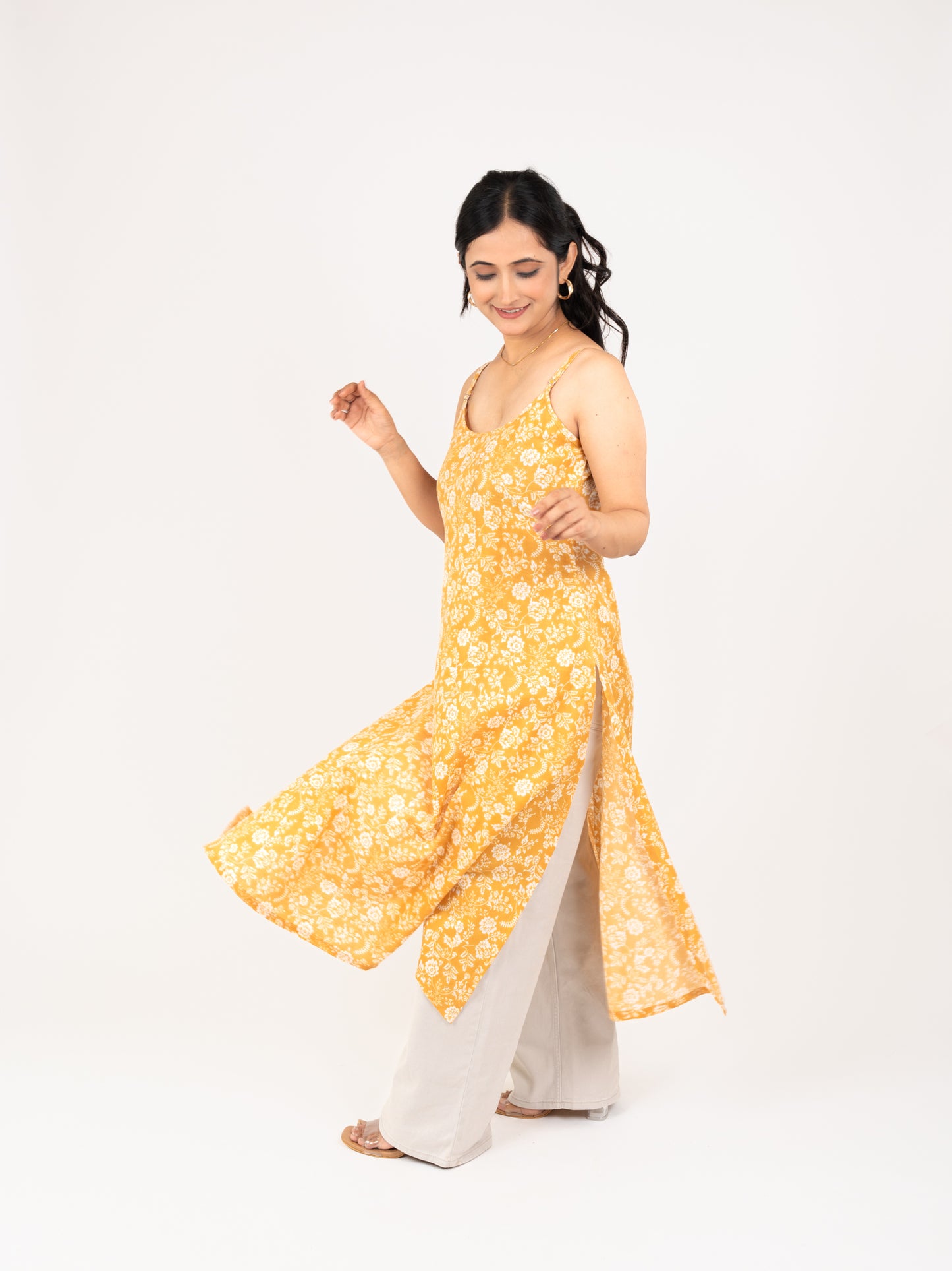 MONOMEE ADIRA YELLOW FLORAL PRINTED KURTI