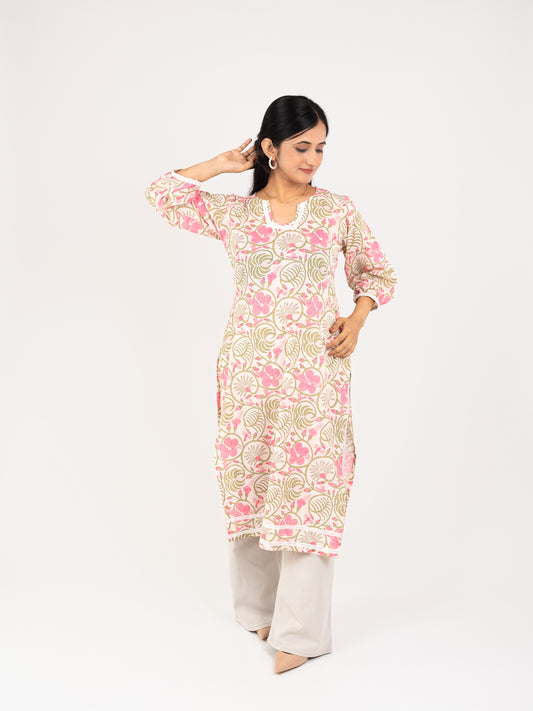 MONOMEE AARNA PINK FLORAL LACE KURTI