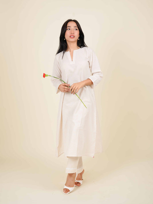 MONOMEE ALOURA BEIGE STRIPE A-LINE KURTA