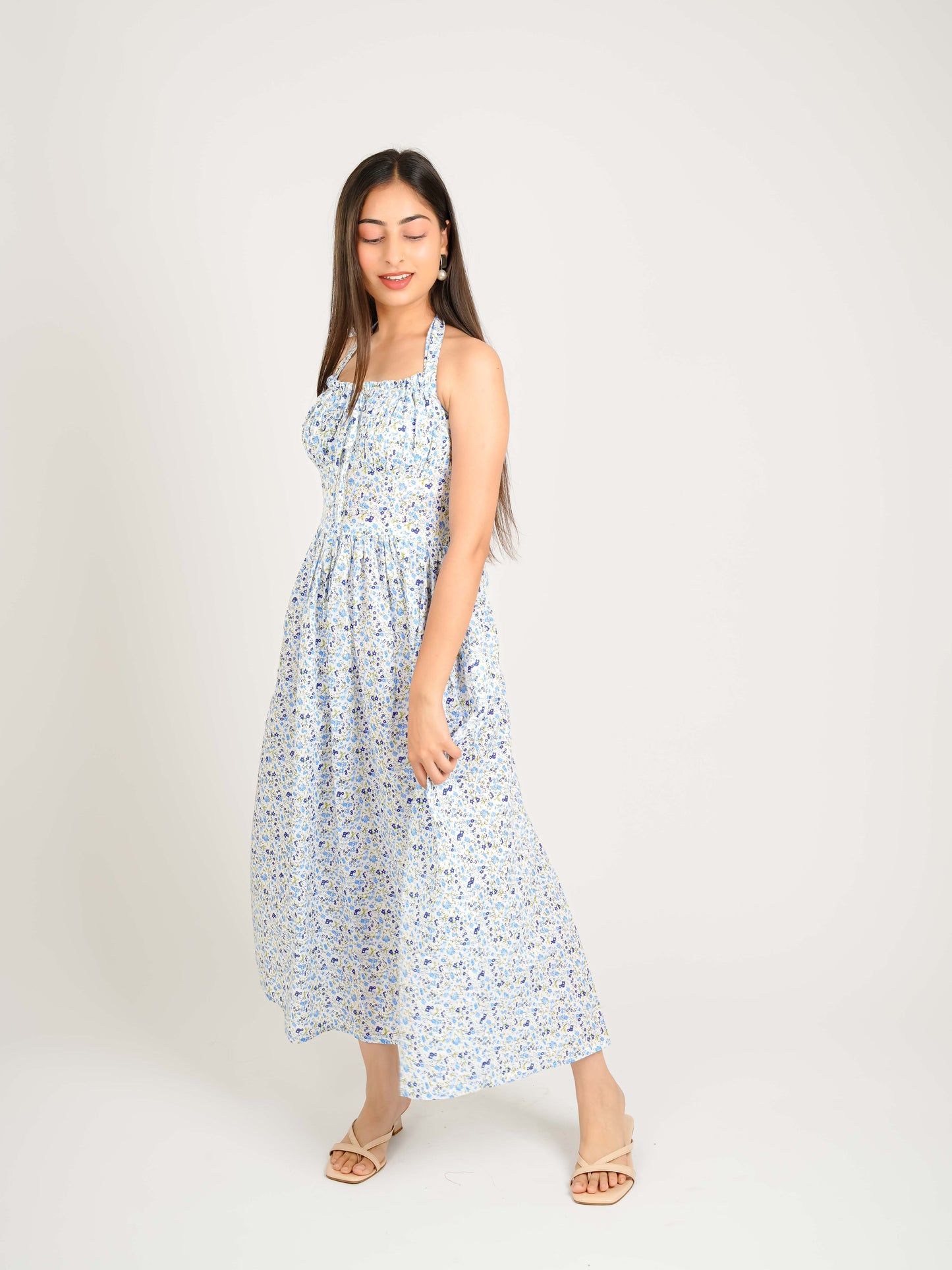 MONOMEE SOLAINE BLUE FLORAL HALTER MIDI DRESS