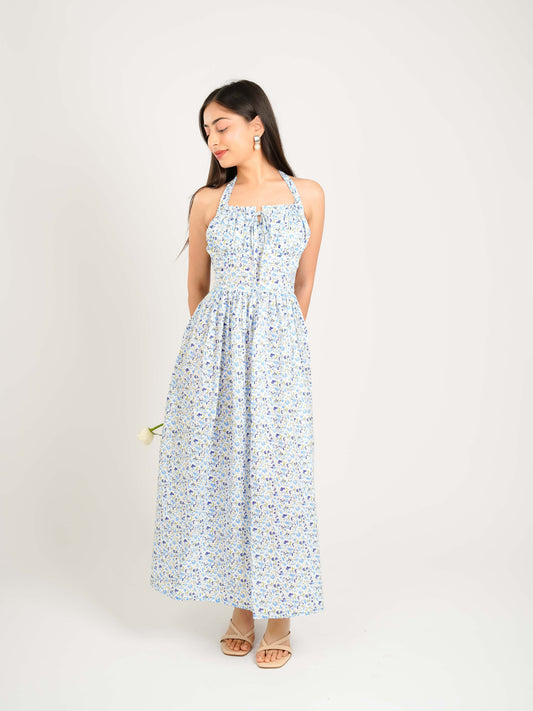 MONOMEE SOLAINE BLUE FLORAL HALTER MIDI DRESS