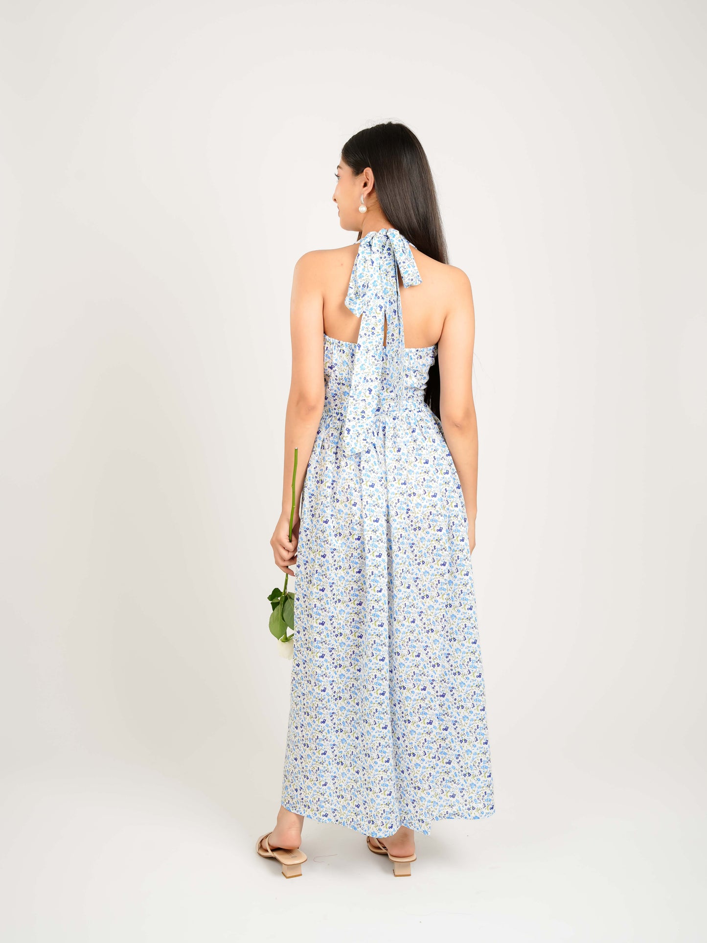 MONOMEE SOLAINE BLUE FLORAL HALTER MIDI DRESS