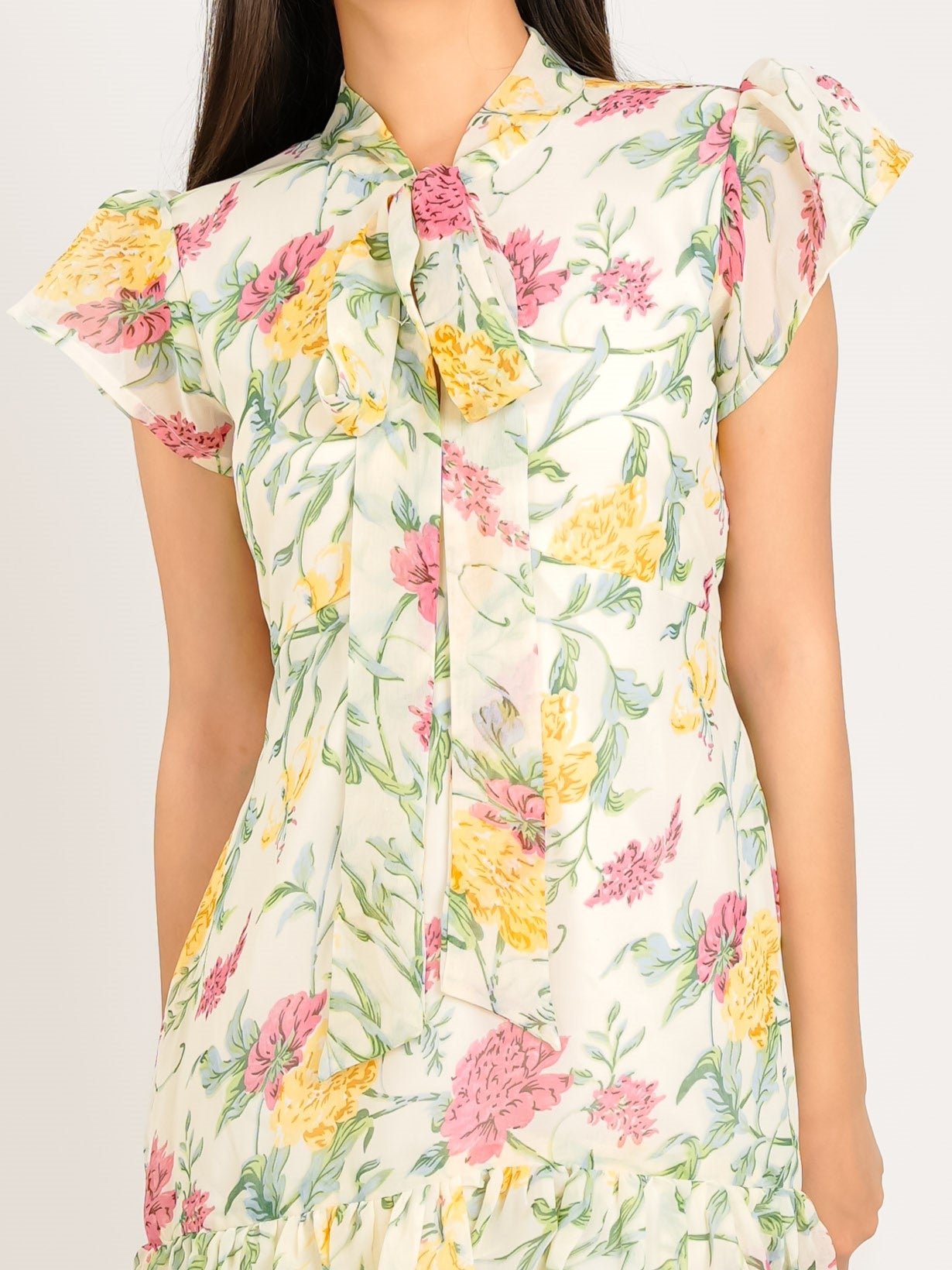 MONOMEE THEA GEORGETTE FLORAL NECK TIE DRESS