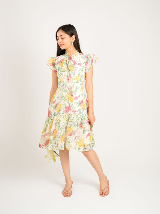 MONOMEE THEA GEORGETTE FLORAL NECK TIE DRESS