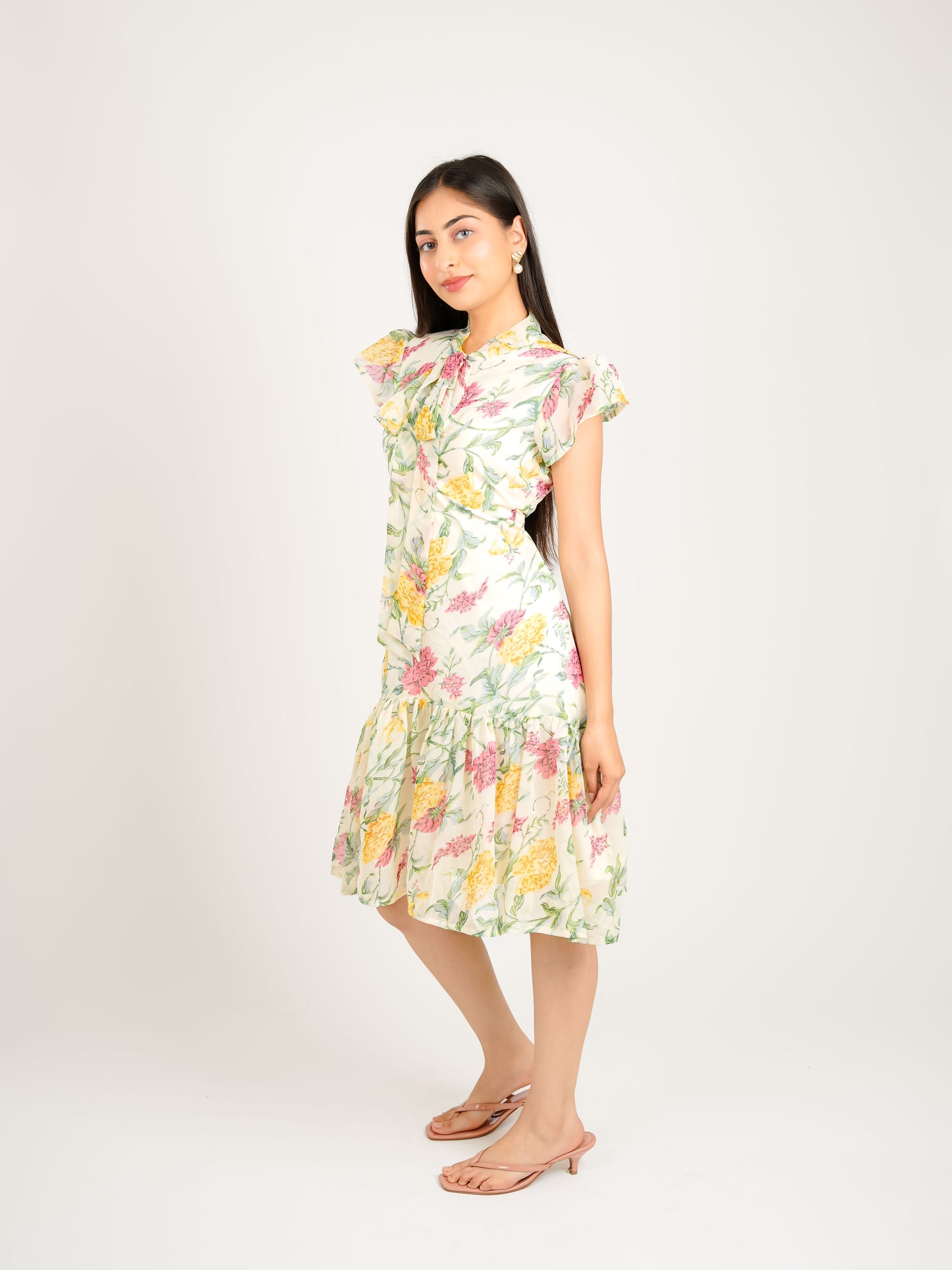 MONOMEE THEA GEORGETTE FLORAL NECK TIE DRESS