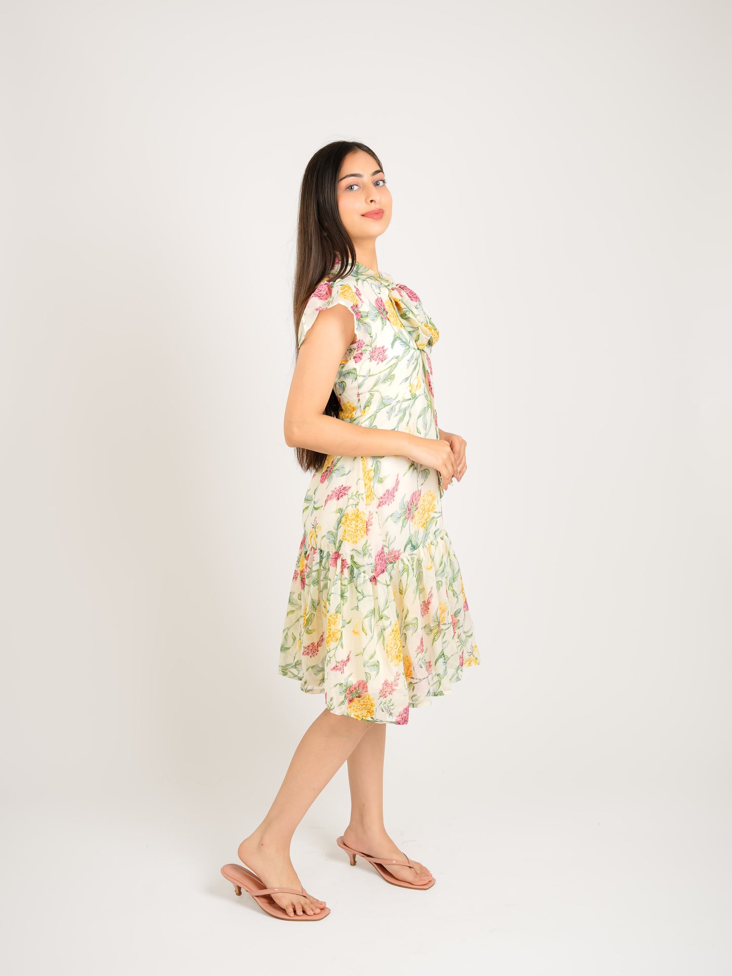 MONOMEE THEA GEORGETTE FLORAL NECK TIE DRESS