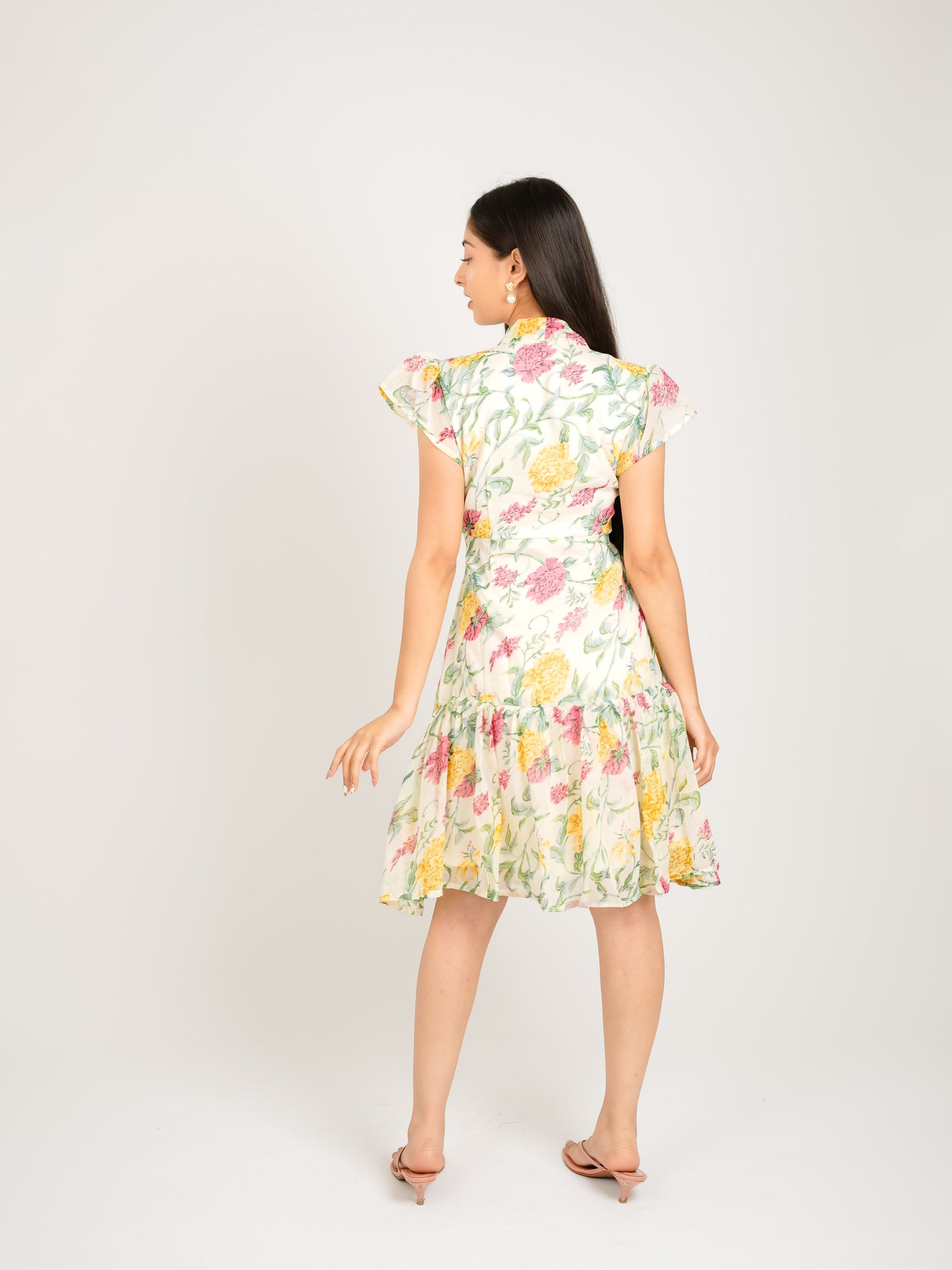 MONOMEE THEA GEORGETTE FLORAL NECK TIE DRESS