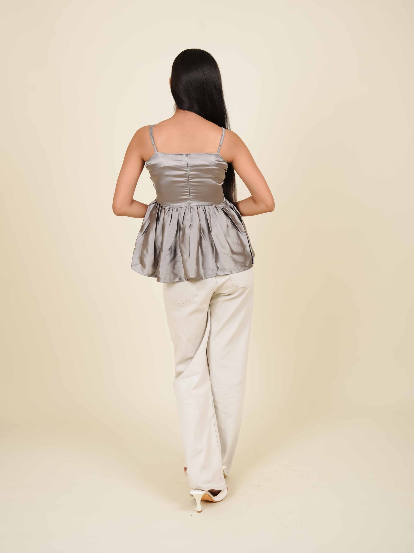 MONOMEE ADINA GREY SATIN TUCK TOP